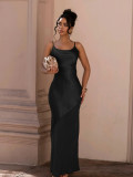Women Evening Dress Satin Chiffon Patchwork Strap Maxi Dress