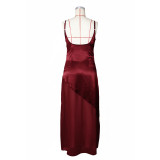 Women Evening Dress Satin Chiffon Patchwork Strap Maxi Dress