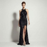Women Evening Dress Halter Neck Sequin High Slit Slim Fit Party Gown