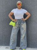 Women Denim Pants Ripped Washed Straight Jeans
