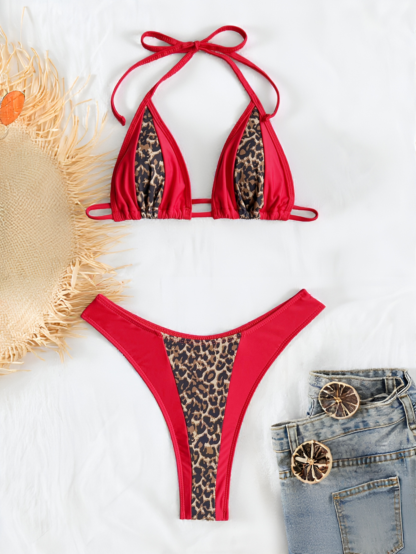 Patchwork Lace-Up Two-Piece Bikini for Beach Holidays