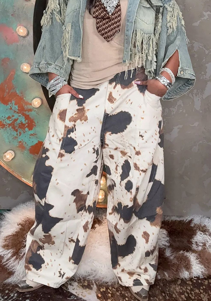 Cow Print Straight Jeans for Western Style Streetwear