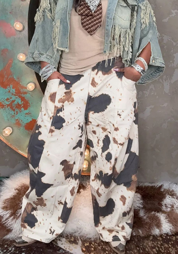 Women Denim Pants Cow Print Western Style Jeans