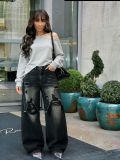 Women Denim Pants Patchwork Ripped Straight Jeans