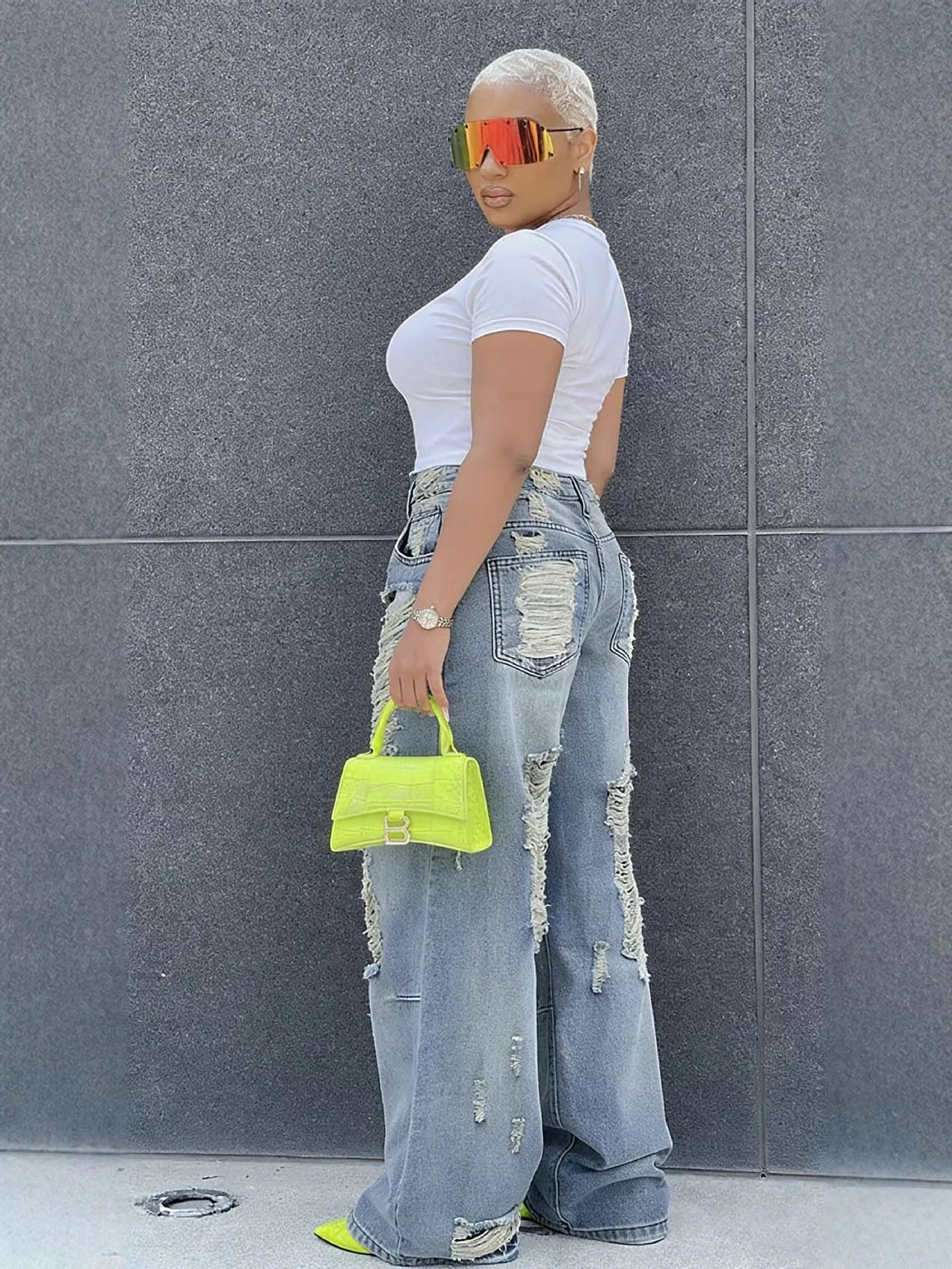 Ripped Washed Straight Denim Jeans for Casual Streetwear