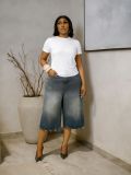 Women Denim Pants Wide Leg Cropped Casual Jeans