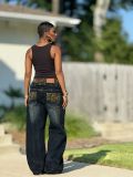 Women Denim Pants Leopard Double Waist Streetwear Jeans