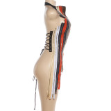 Women Halter Neck Top Lace-Up Patchwork Low Back Sexy Streetwear Top