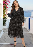 Women Plus Size Midi Dress Polka Dot V Neck Long Sleeve Long Dress