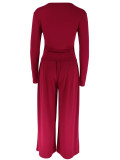 Women Casual Two Piece Set Long Sleeve Wide Leg High Waist Drawstring Outfit