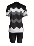 Women Two Piece Set Striped Print Round Neck T-shirt Shorts Outfit