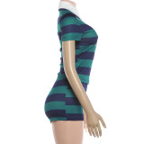 Women Spring Vintage Set Striped Turndown Collar Crop Top Shorts Outfit