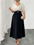 Women Plus Size Summer Dress Slim Waist V Neck Contrast Color Elegant Dress