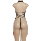 Women Halter Neck Top Lace-Up Patchwork Low Back Sexy Streetwear Top