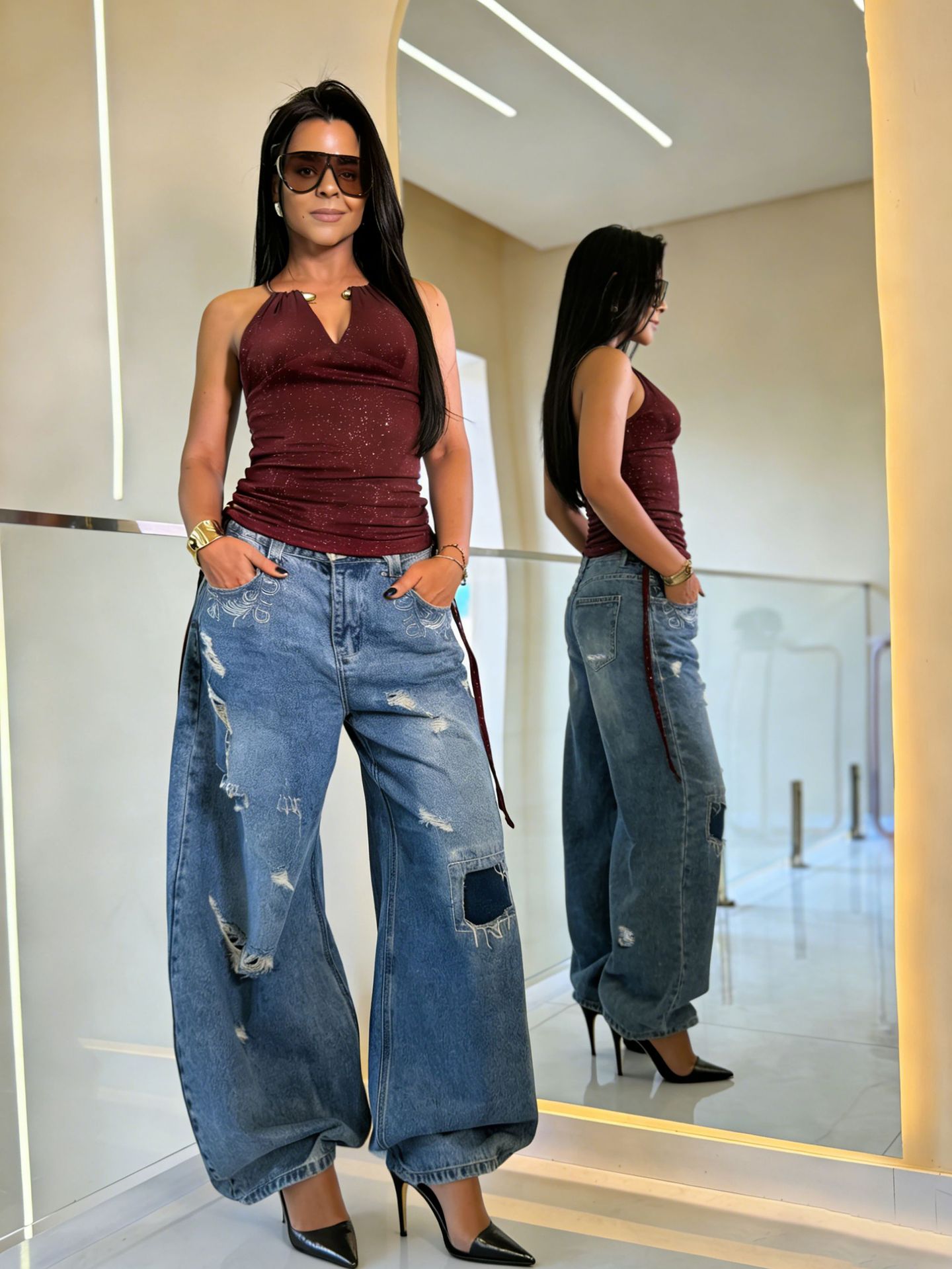 Ripped Patchwork Denim Jeans for Casual Streetwear