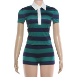 Women Spring Vintage Set Striped Turndown Collar Crop Top Shorts Outfit