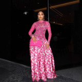 Women Maxi Dress Abstract Print Mesh Patchwork Stand Collar Gown
