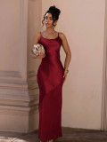 Women Evening Dress Satin Chiffon Patchwork Strap Maxi Dress