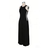 Women Maxi Dress Striped Sleeveless Pleated Slim Waist Long Dress