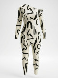 Women Black White Two Piece Set Print Off Shoulder Top Tight Pants Outfit