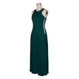 Women Maxi Dress Striped Sleeveless Pleated Slim Waist Long Dress