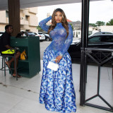 Women Maxi Dress Abstract Print Mesh Patchwork Stand Collar Gown