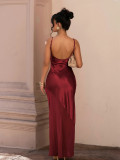 Women Evening Dress Satin Chiffon Patchwork Strap Maxi Dress
