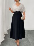 Women Plus Size Summer Dress Slim Waist V Neck Contrast Color Elegant Dress
