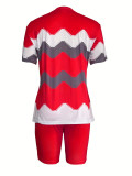 Women Two Piece Set Striped Print Round Neck T-shirt Shorts Outfit