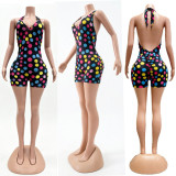 Women Polka Dot Print Shorts Halter Neck Deep V Low Back Stretch Casual Romper