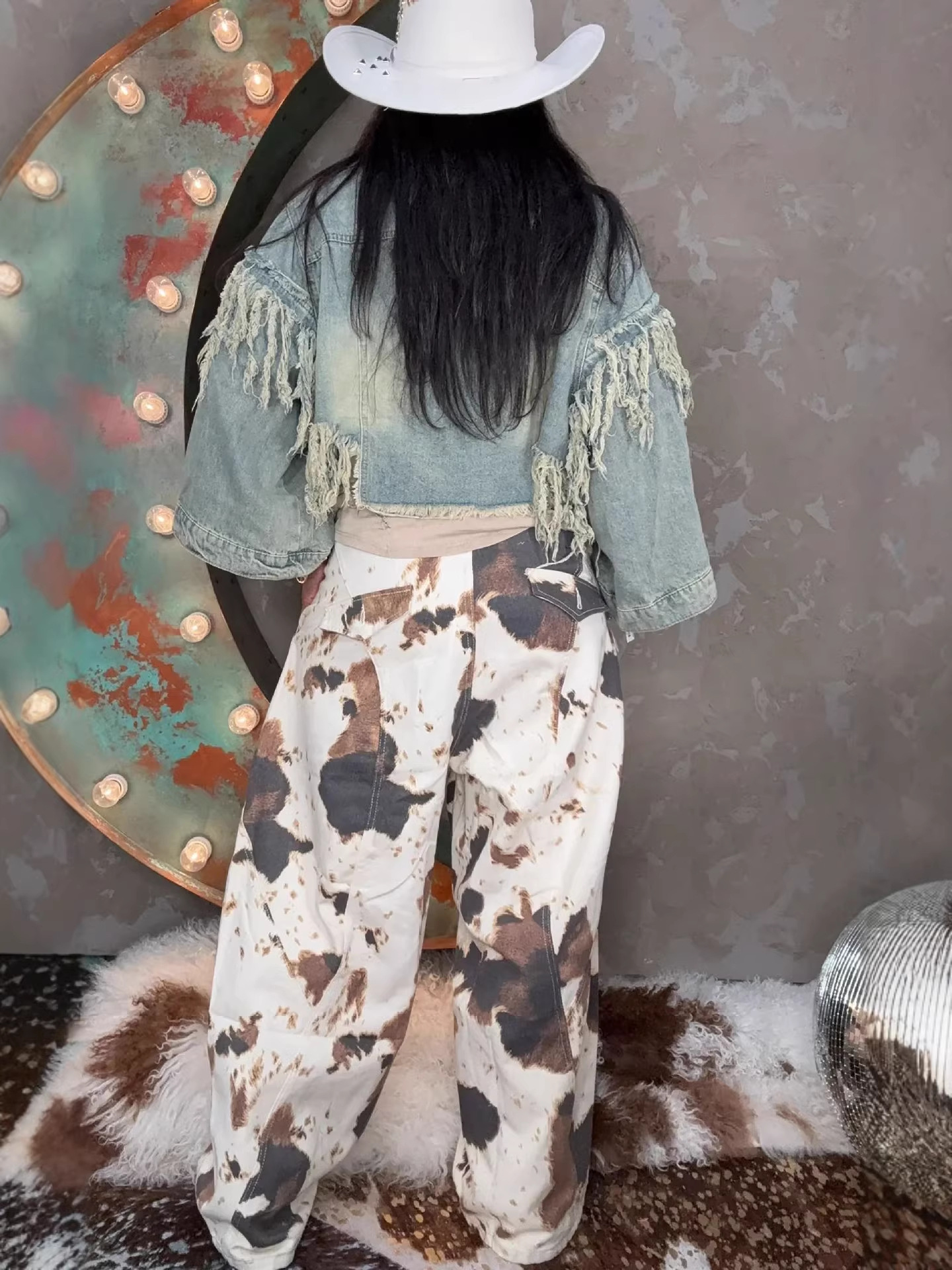 Cow Print Straight Jeans for Western Style Streetwear