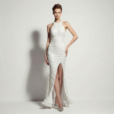 Women Evening Dress Halter Neck Sequin High Slit Slim Fit Party Gown
