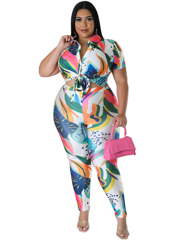Plus Size Women's Printed Summer Short Sleeve Shirt Trousers Fashion Casual two piece Set