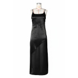 Women Evening Dress Satin Chiffon Patchwork Strap Maxi Dress