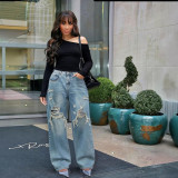 Women Denim Pants Patchwork Ripped Straight Jeans