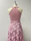 Women Evening Dress Halter Neck Print Patchwork Maxi Dress Party Gown