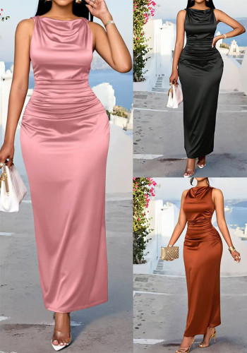 Women Summer Dress Elegant Solid Pleated Sleeveless Party Dress