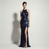 Women Evening Dress Halter Neck Sequin High Slit Slim Fit Party Gown