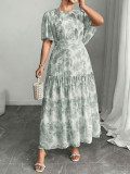 Women Plus Size Maxi Dress Slim Waist Pleated Print Long Dress