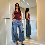 Women Denim Pants Ripped Patch Street Jeans