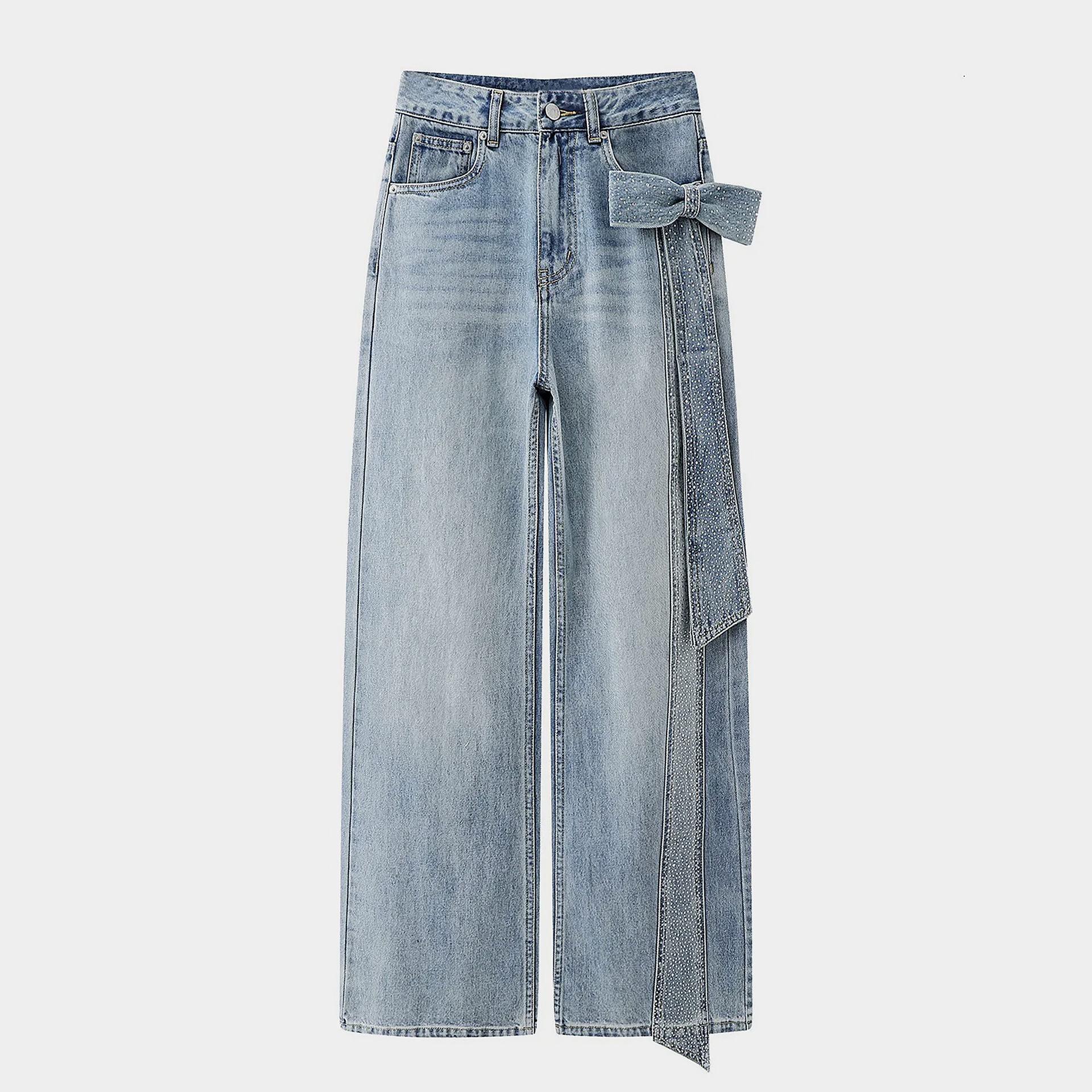 Beaded Bow Detail Denim Jeans for Casual Streetwear