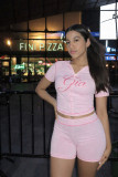 Women Two Piece Set Letter Print Short Sleeve Top Shorts Casual Outfit