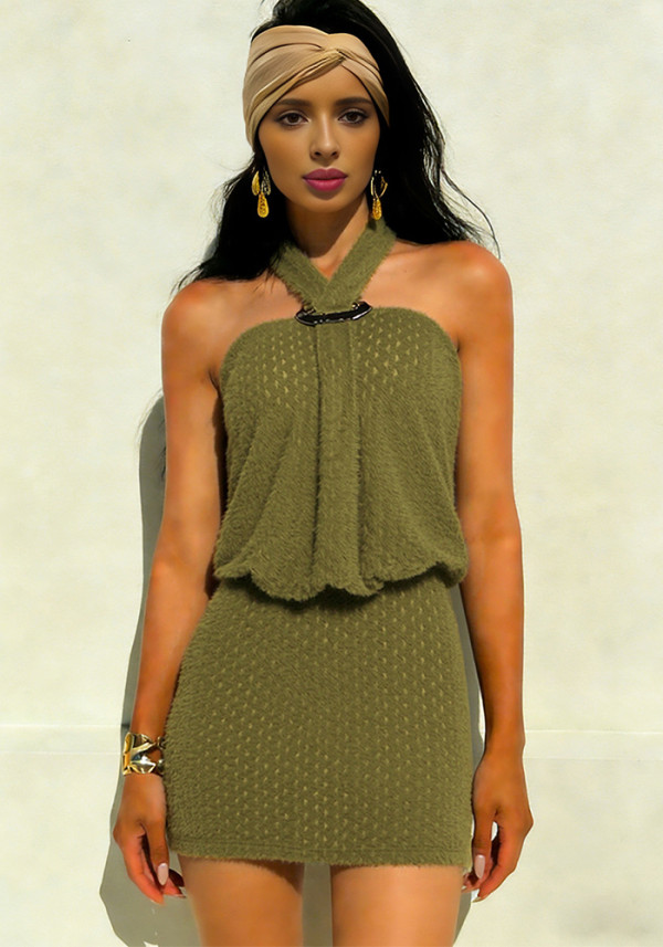 Women Bodycon Dress Sleeveless Halter Neck Solid Street Style Dress