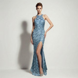 Women Evening Dress Halter Neck Sequin High Slit Slim Fit Party Gown
