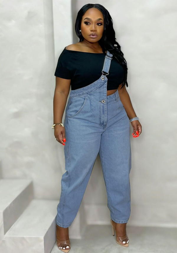 Women Denim Pants Asymmetrical Strap Straight Jeans