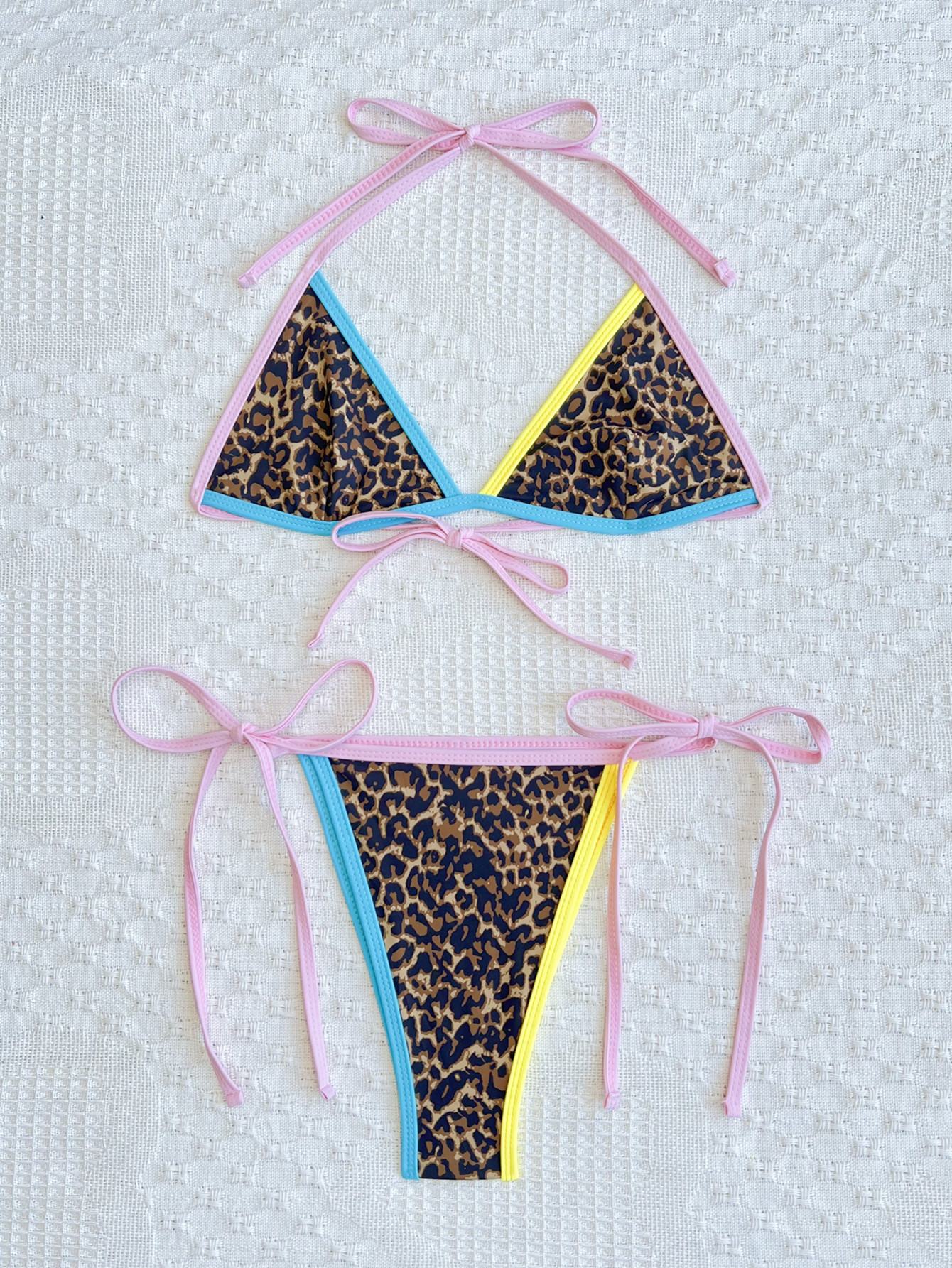 Leopard Patchwork Lace-Up Bikini for Beach Holidays