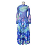 Women Maxi Dress Abstract Print Mesh Patchwork Stand Collar Gown