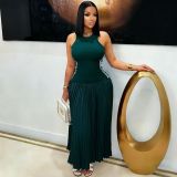 Women Maxi Dress Striped Sleeveless Pleated Slim Waist Long Dress