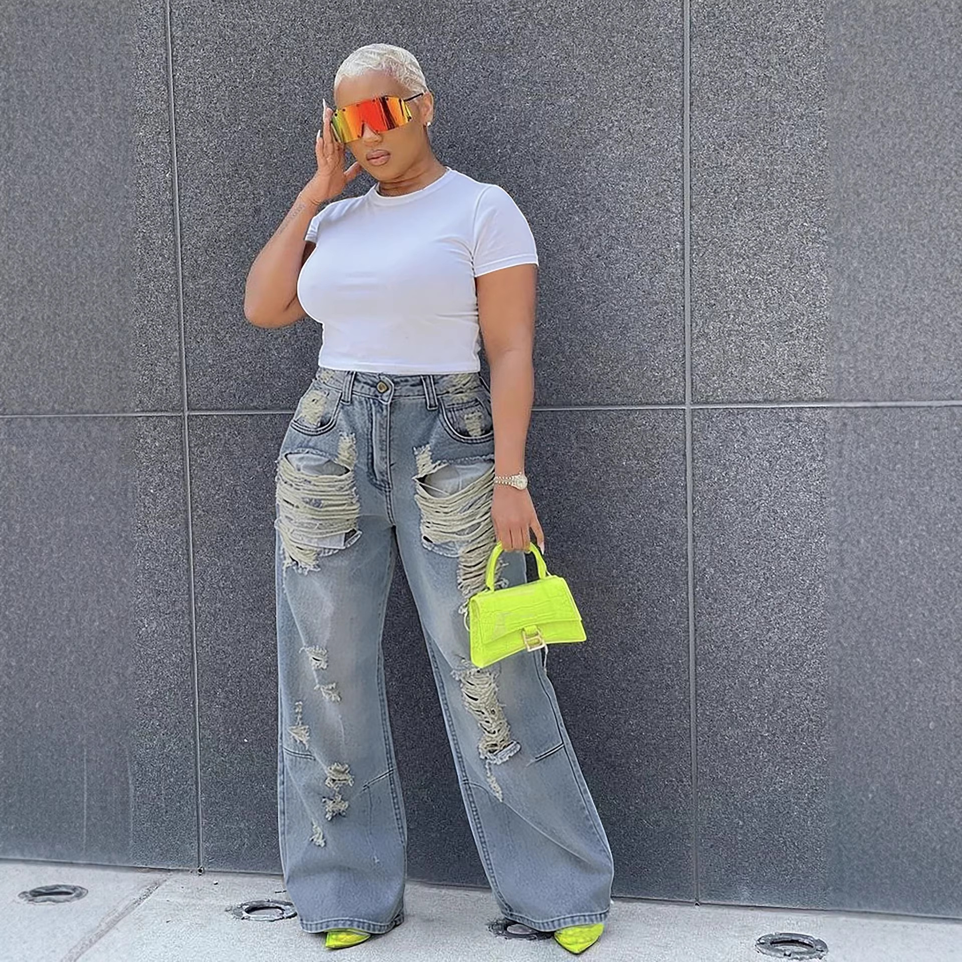 Ripped Washed Straight Denim Jeans for Casual Streetwear