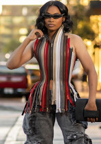 Women Halter Neck Top Lace-Up Patchwork Low Back Sexy Streetwear Top